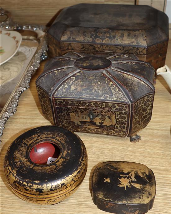 Two Canton lacquered tea caddies and two similar